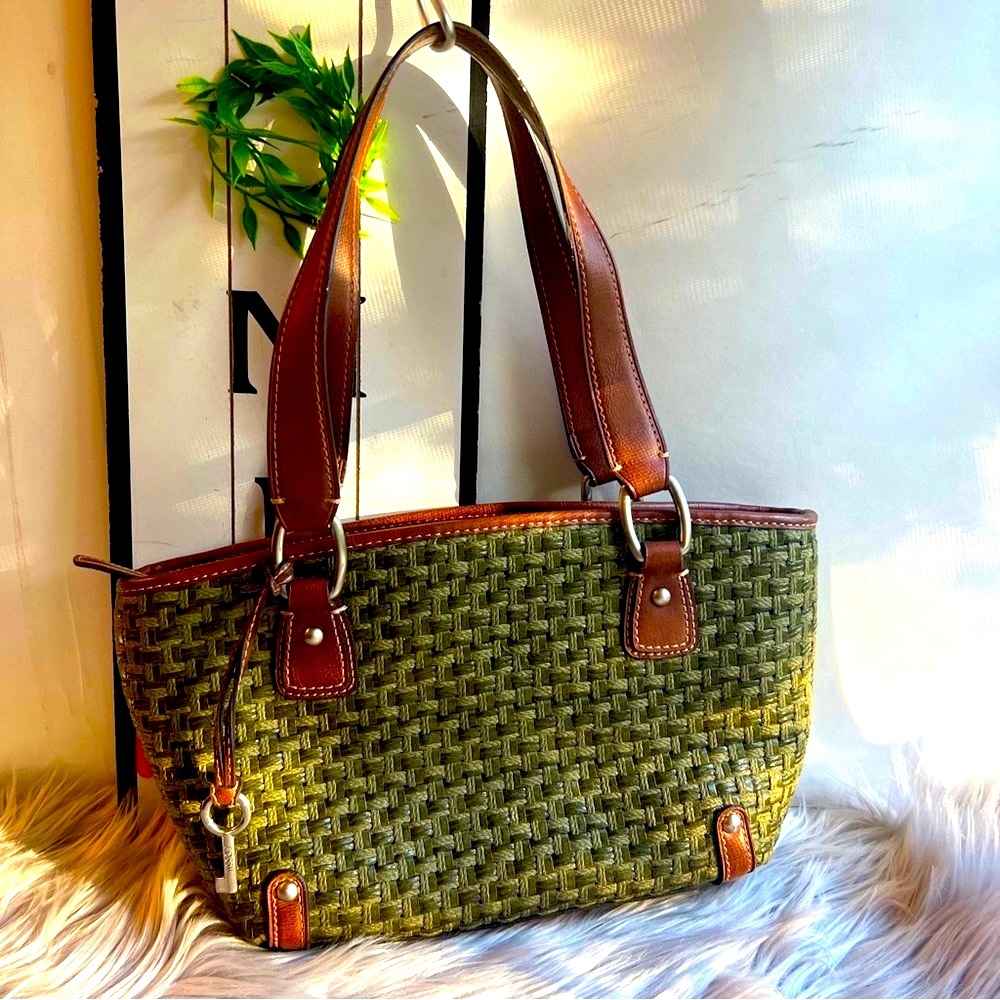Vintage Fossil  Green And Brown Woven Leather Tote Purse  Shoulder Bag